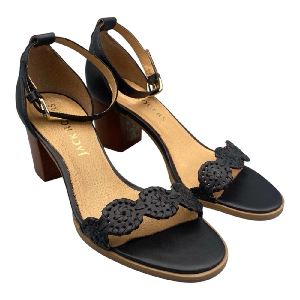 Jack Rogers Womens' Lauren Ankle Strap Mid Heels Black Scalloped Trim Size 9.5